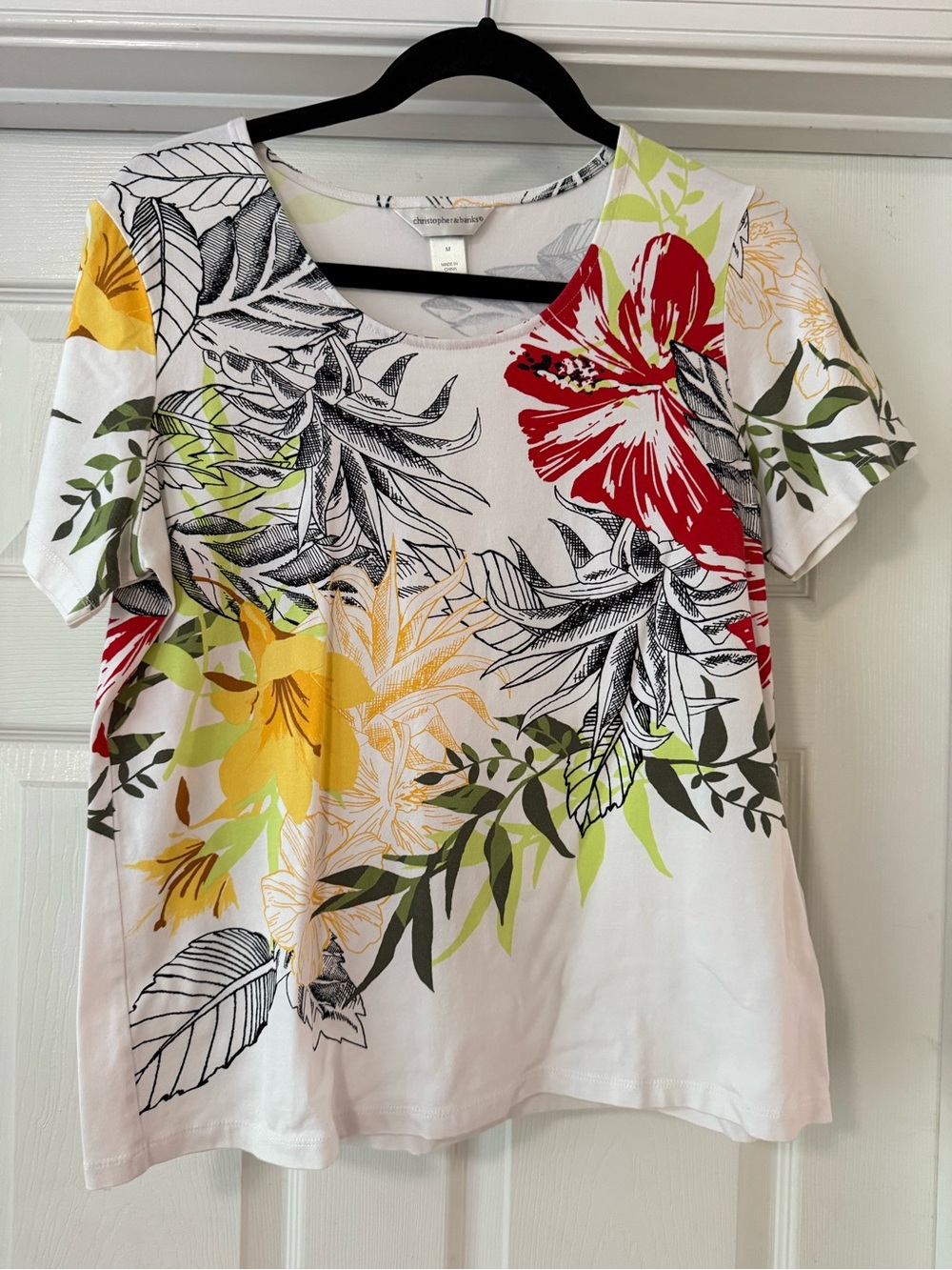 Christopher & Banks White Floral Short Sleeve Tee with Red & Yellow Blooms